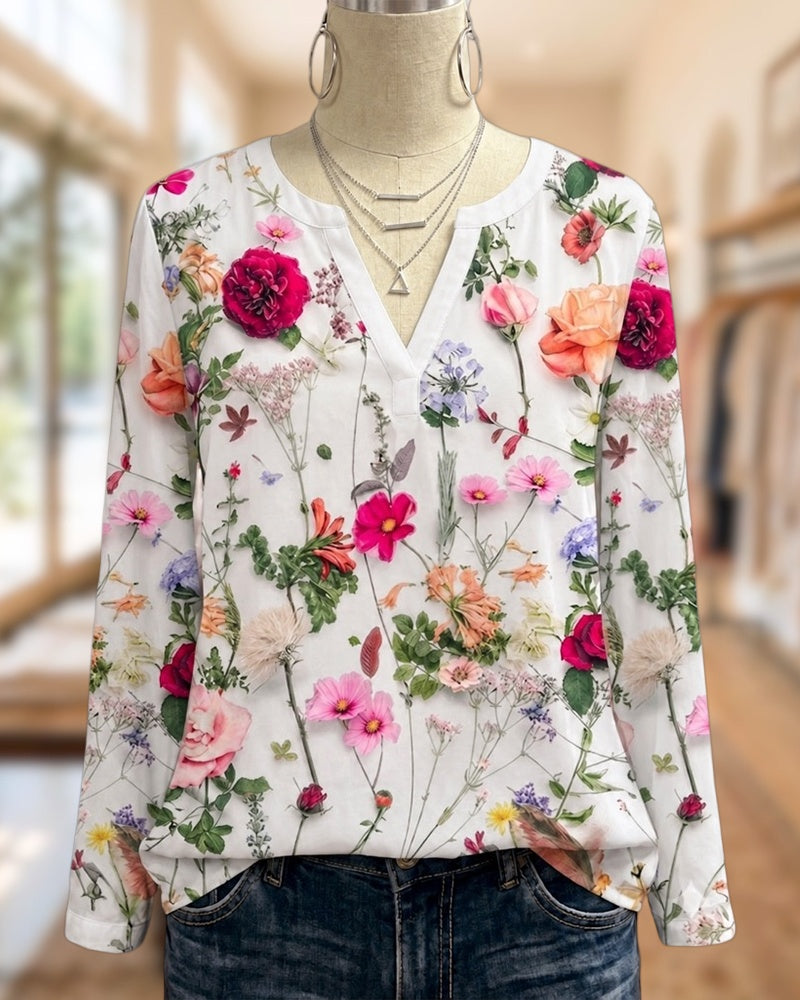 Floral Print Notch V Neck Long Sleeve Casual Blouse