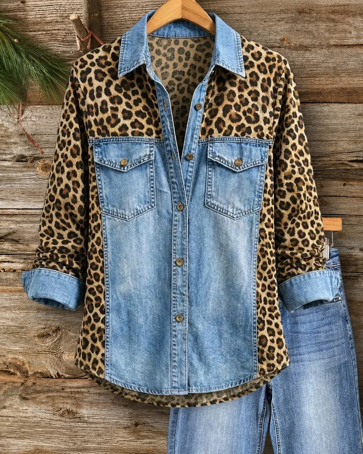 Leopard Contrast Button Down Shirt with Flap Chest Pockets