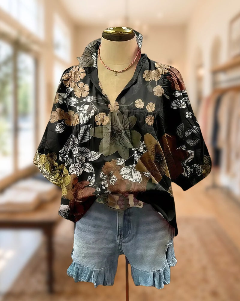 Floral Print Glamorous V Neck Blouse