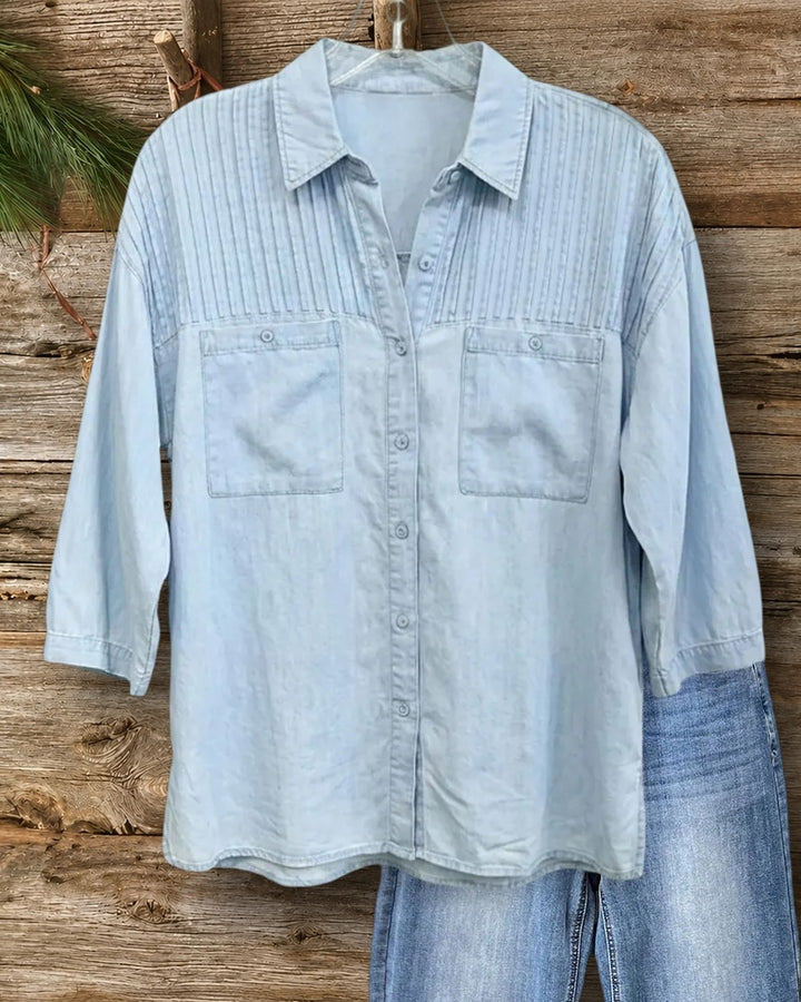 3/4 Sleeve Pintuck Detail Button Up Chest Pocket Shirt