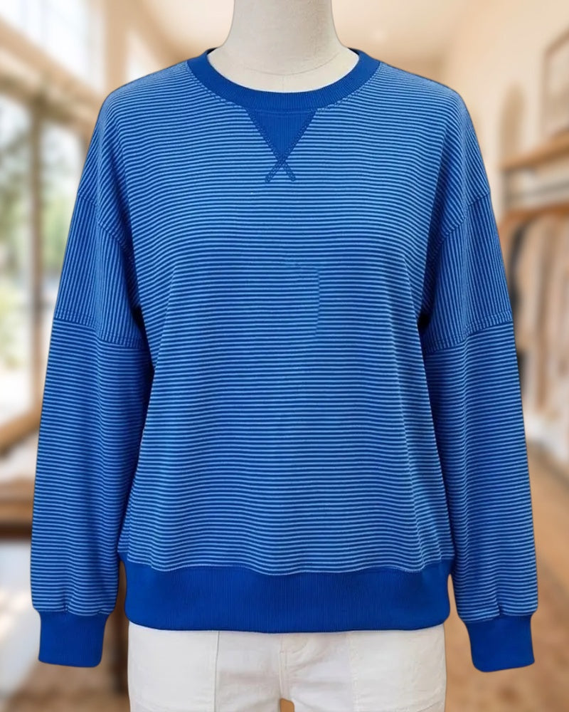 Striped Drop Shoulder Crew Neck Ribbed Trim Casual Sweatshirt