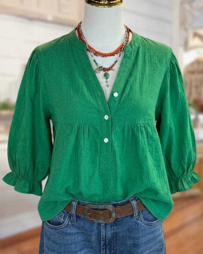 V Neck Button Front Ruffle Cuff Gathered Casual Blouse