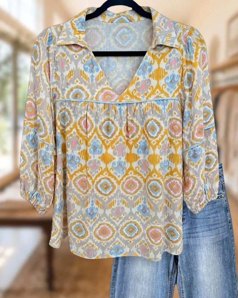 Collared V Neck Gathered Ikat Print 3/4 Sleeve Blouse