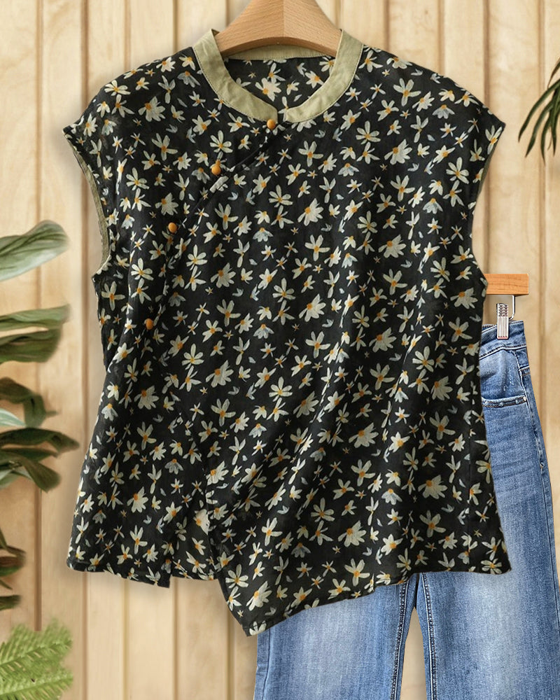 Floral Print Oriental Sleeveless Round Neck Blouse