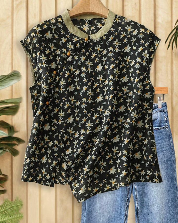 Floral Print Oriental Sleeveless Round Neck Blouse