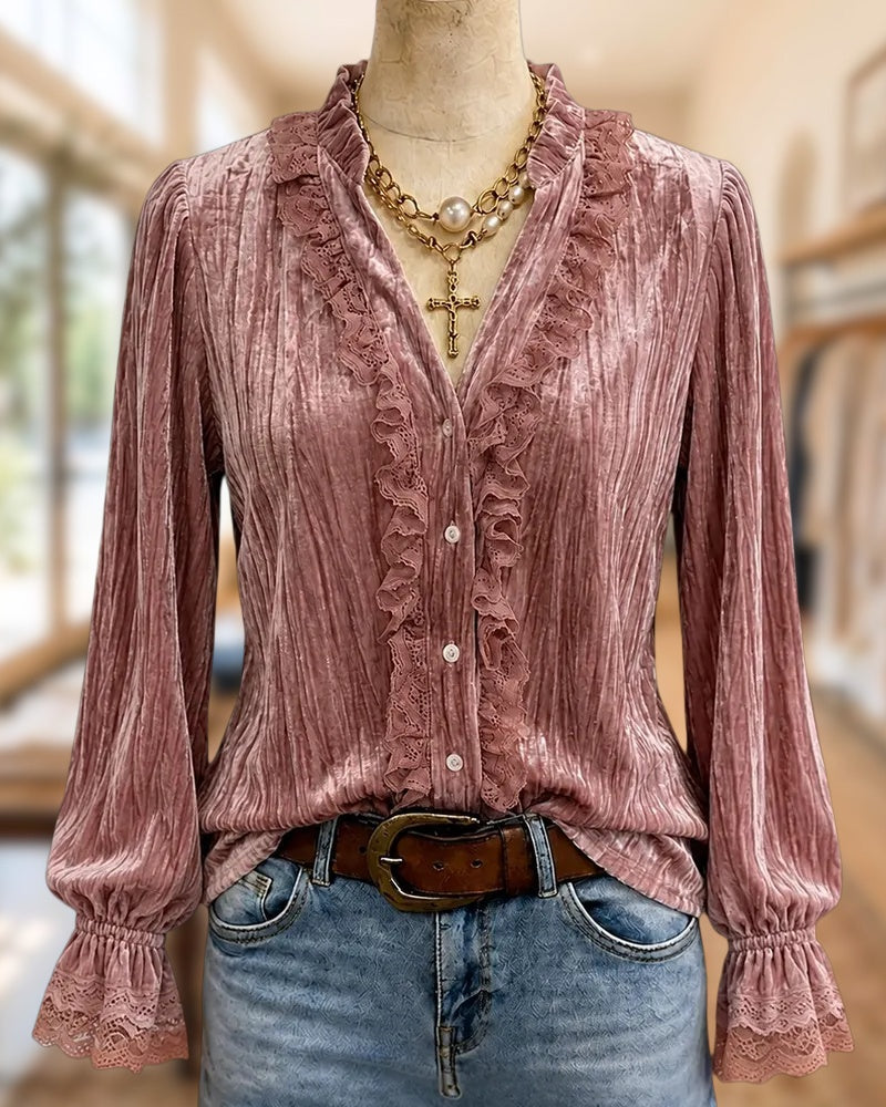 V Neck Lace Trim Velvet Blouse