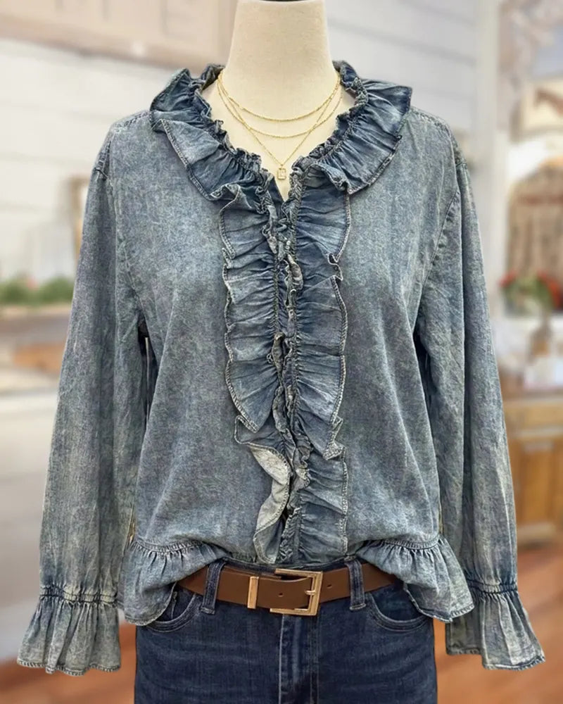 Ruffled Trim V Neck Flare Sleeve Casual Denim Blouse