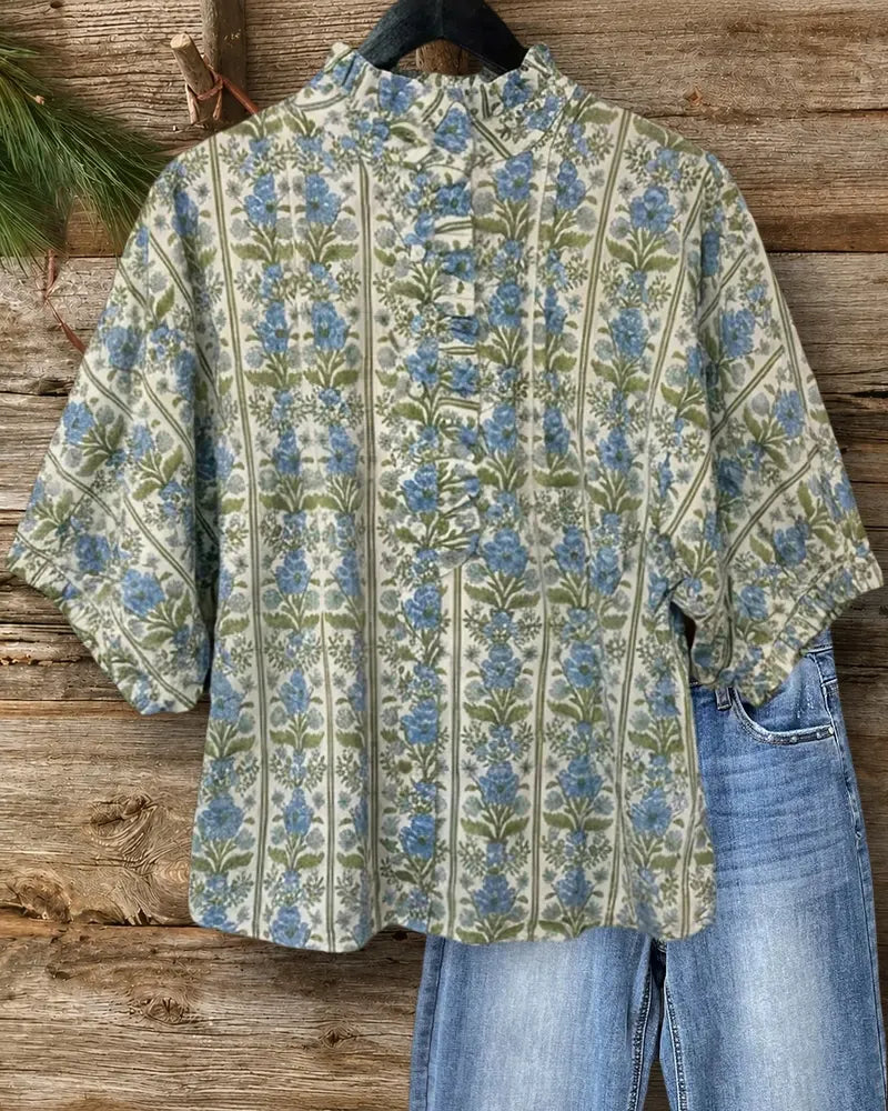 Ruffled Stand Collar Floral Print Half Sleeve Button Front Blouse