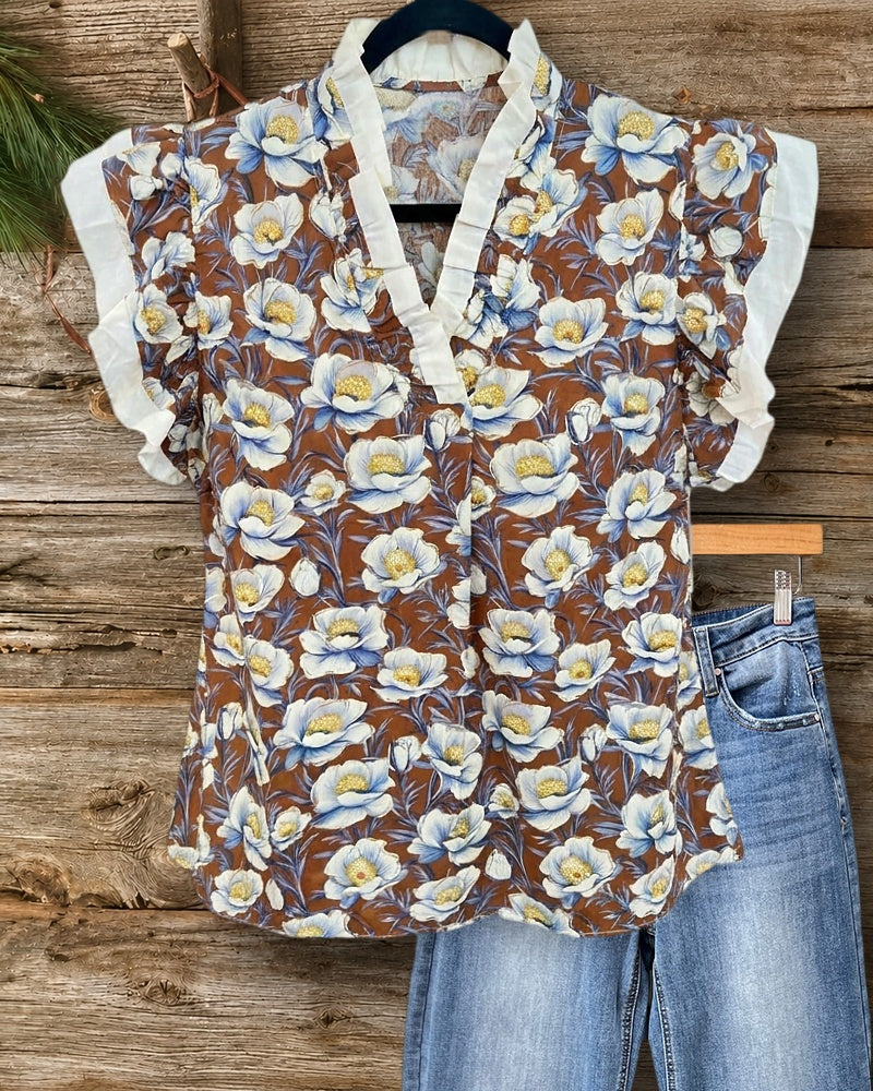 Floral Print Ruffled Contrast Trim V Neck Short Sleeve Blouse