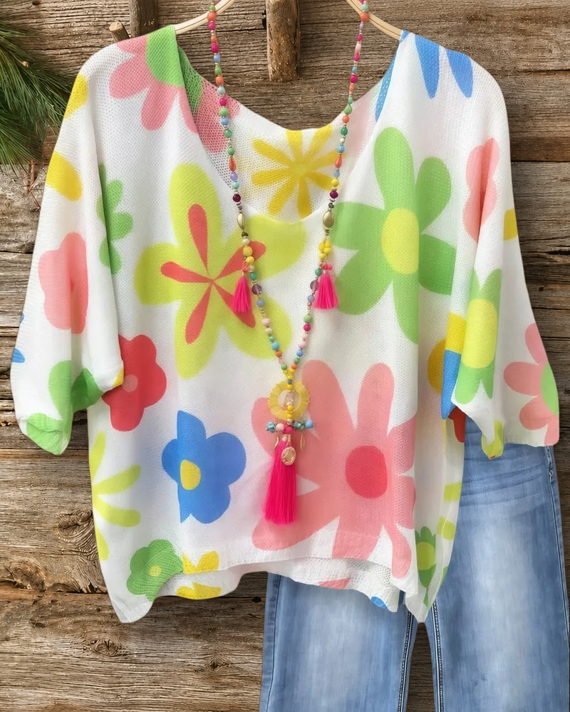 Multicolor Daisy Print Cute Knitted T-Shirt