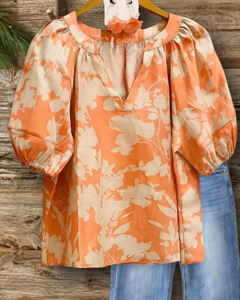 Floral Print Classic V Neck Puff Sleeve Blouse