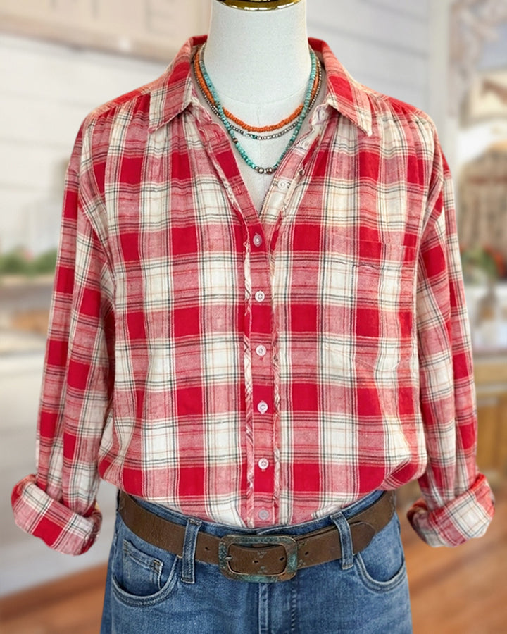 Plaid Lapel Frayed Trim Shirt