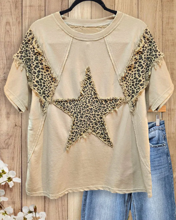Leopard Patch Studded Star Frayed Detail Short Sleeve T-shirt