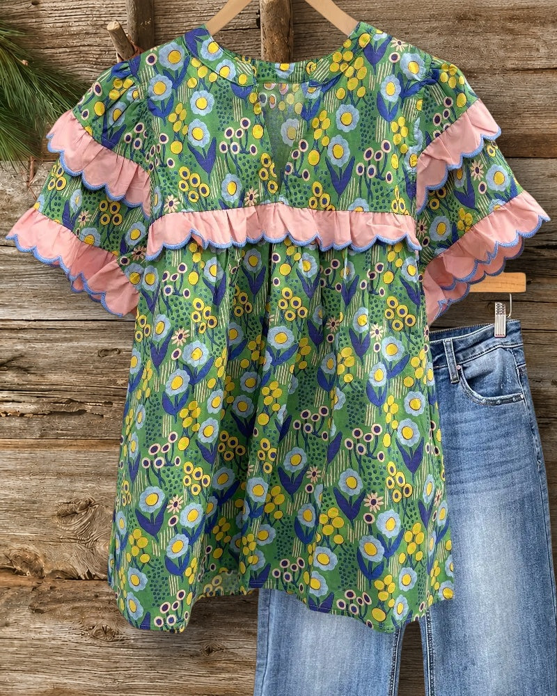 Floral Print V Neck Playful Scalloped Trim Blouse