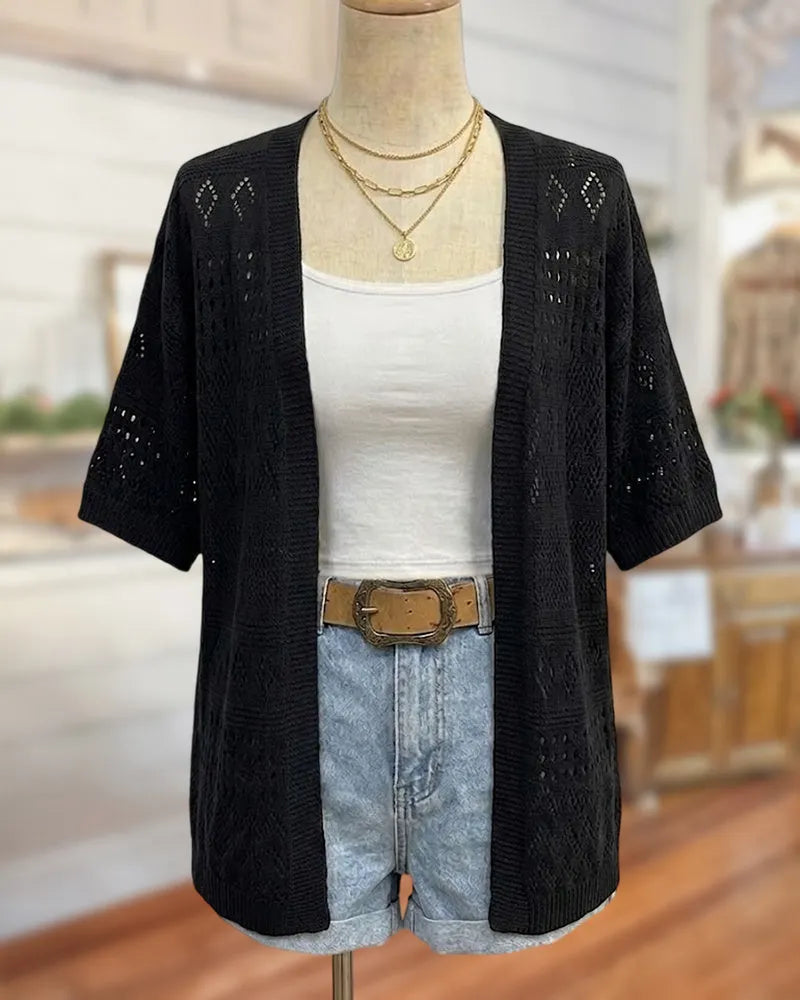 Open Front Half Sleeve Cutout Knit Casual Cardigan