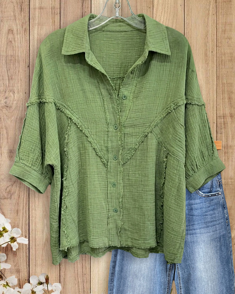 Frayed Trim Lapel Button Shirt