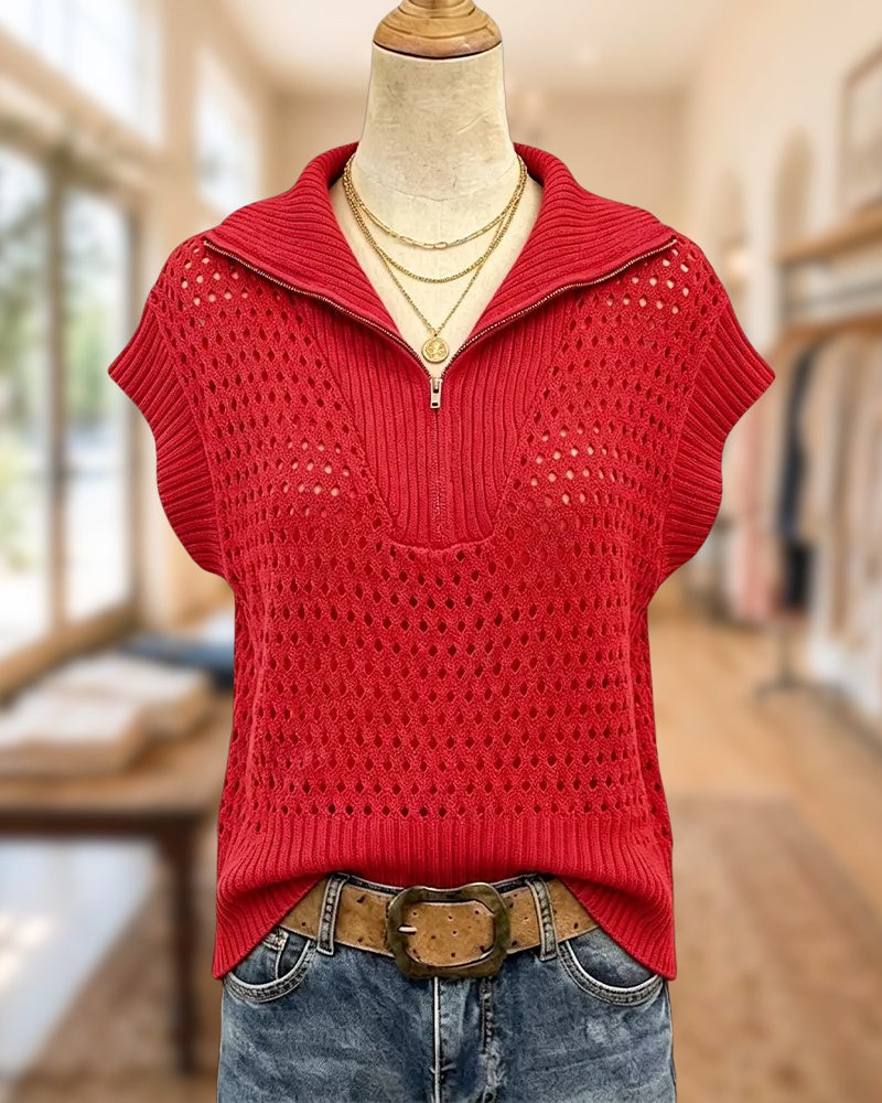 Half Zip Eyelet Knit Cap Sleeve Ribbed Trim Casual Vest