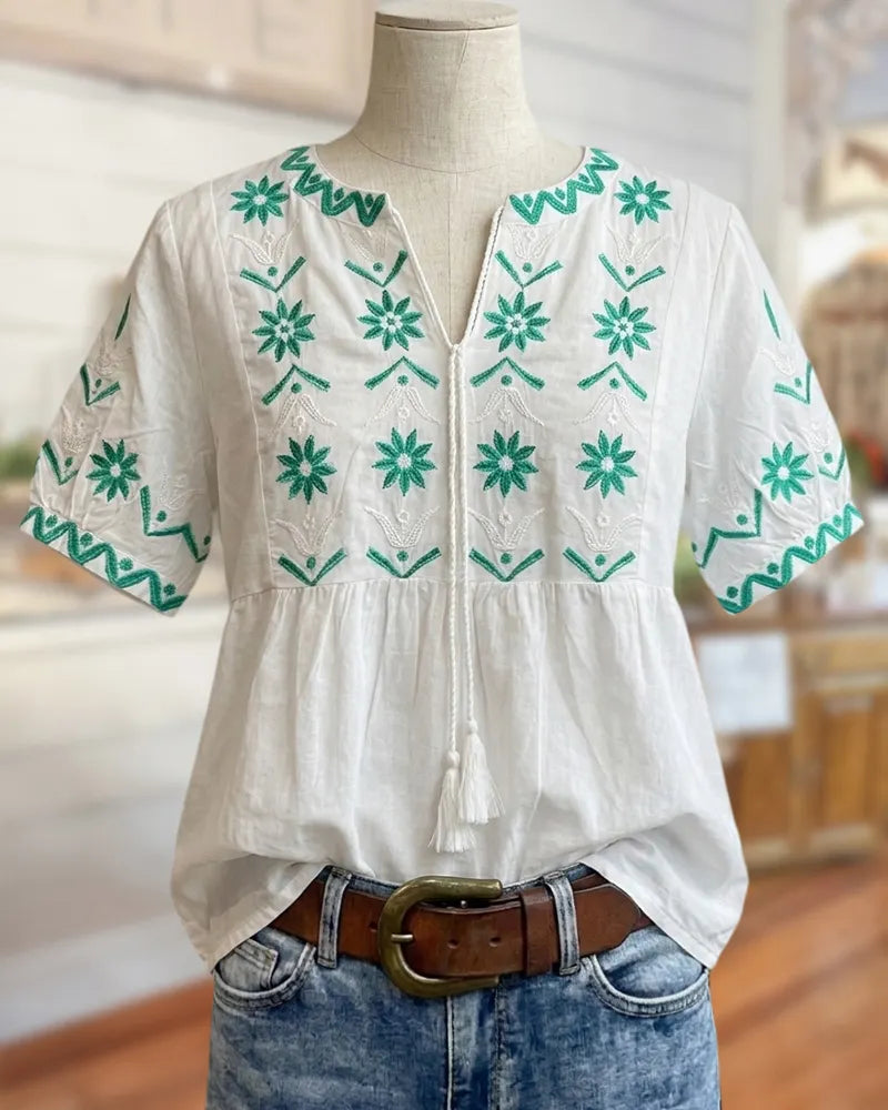 V Neck Tassel Tie Embroidered Short Sleeve Loose Blouse