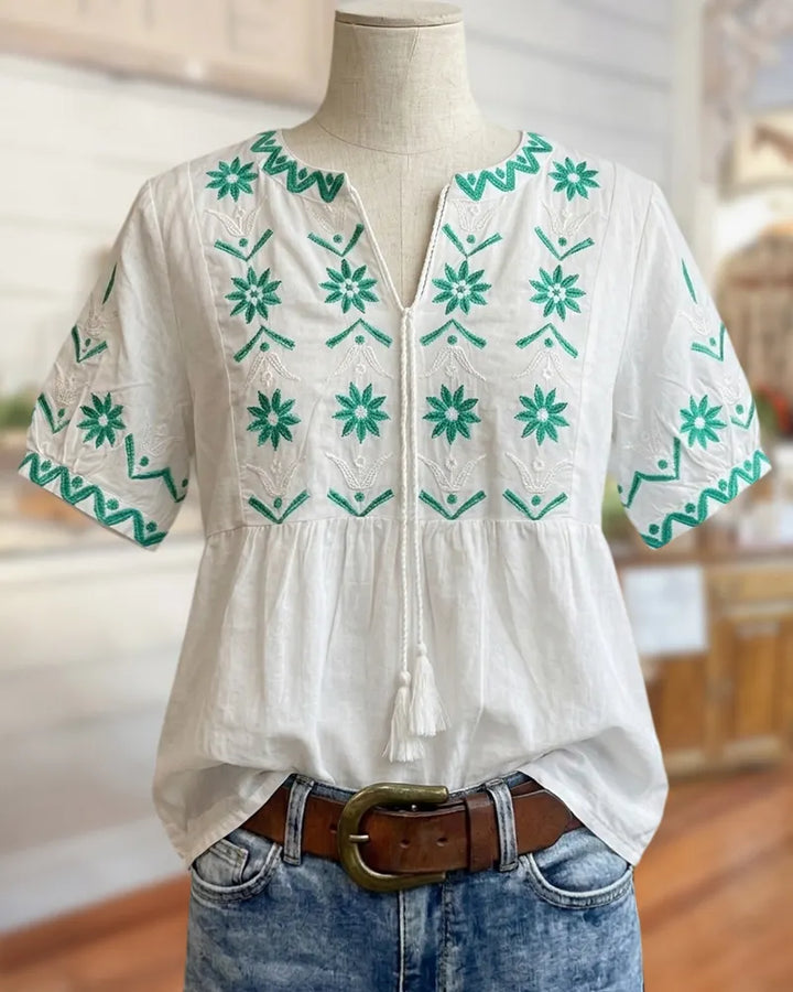 V Neck Tassel Tie Embroidered Short Sleeve Loose Blouse