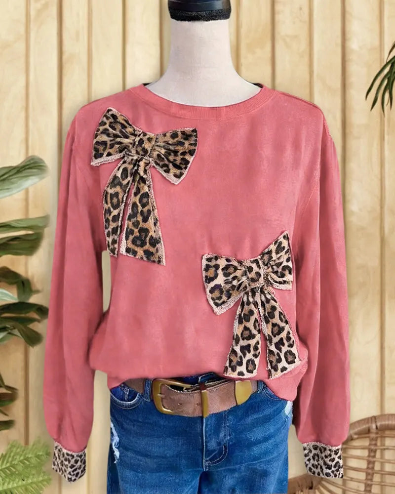 Long Sleeve Round Neck Leopard Print Applique Bows Stylish Blouse