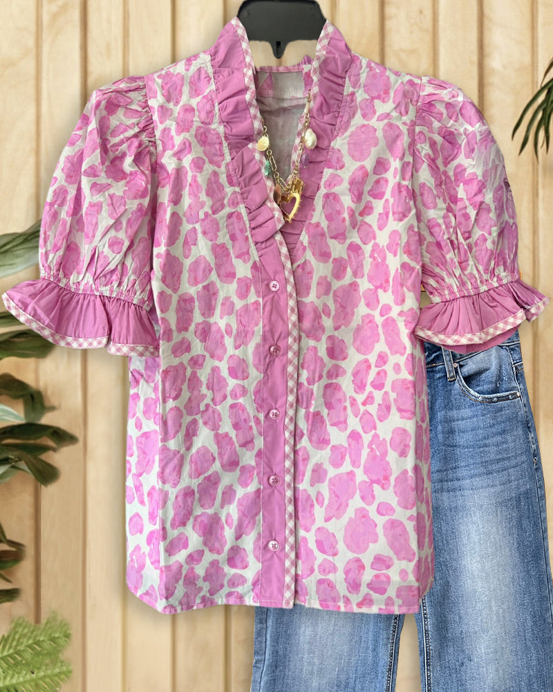 Leopard Print Elegant Button Up Ruffles Decor Blouse