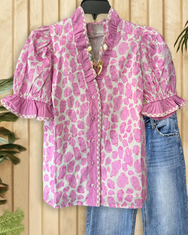 Leopard Print Elegant Button Up Ruffles Decor Blouse