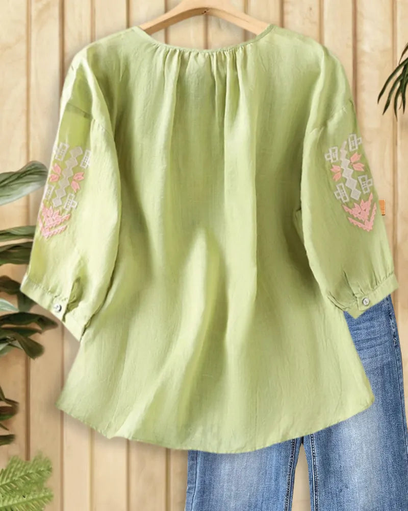 Embroidered V Neck 3/4 Sleeve Loose Casual Blouse