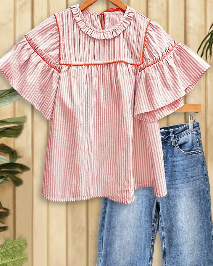 Vertical Striped Pretty Ruffled Trumpet Sleeve Blouse