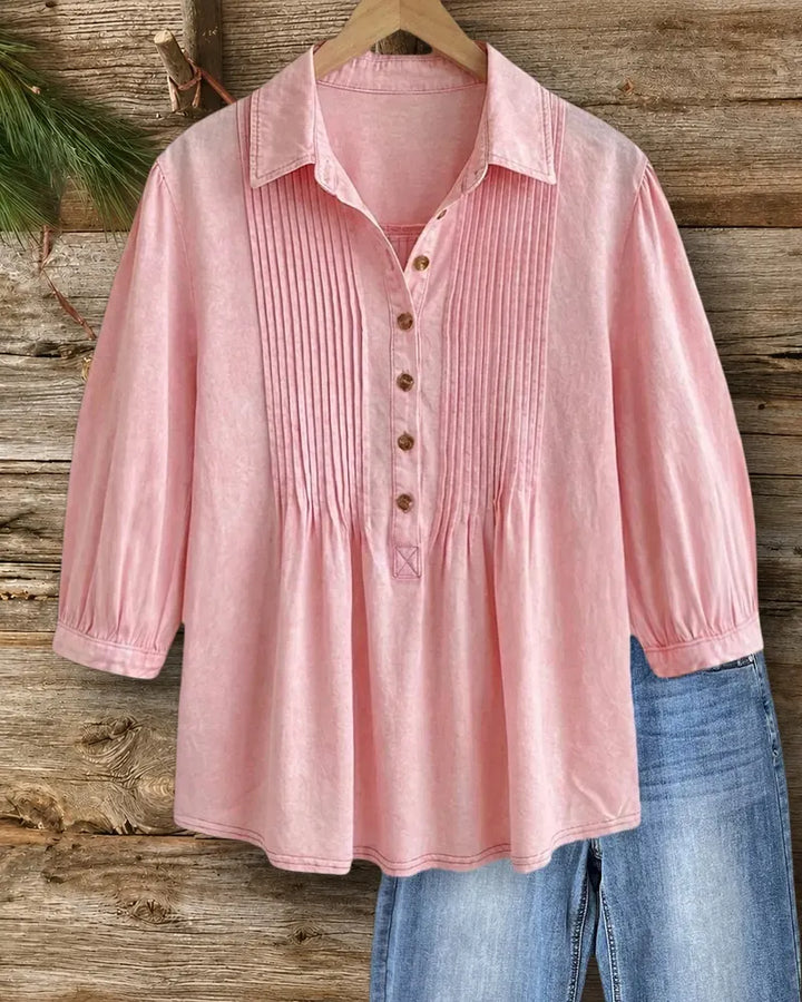 Collared Pintuck Half Button 3/4 Sleeve Loose Casual Blouse