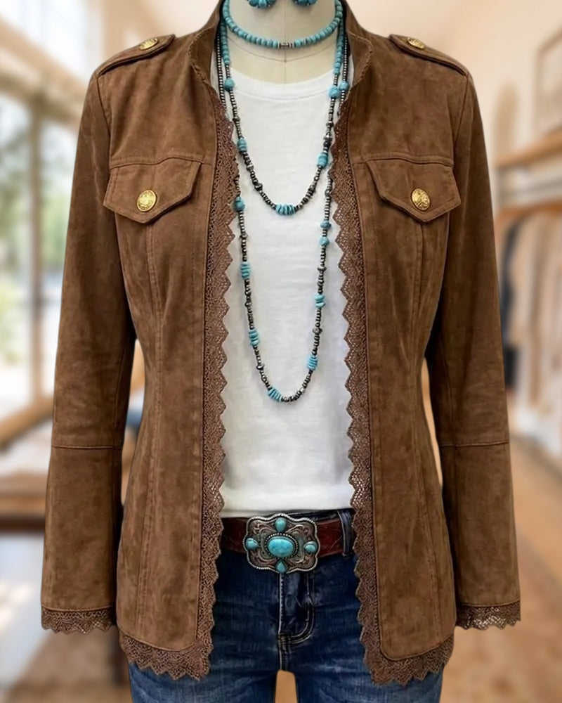 Lace Trim Stand Collar Jacket With Epaulet Pocket Detail