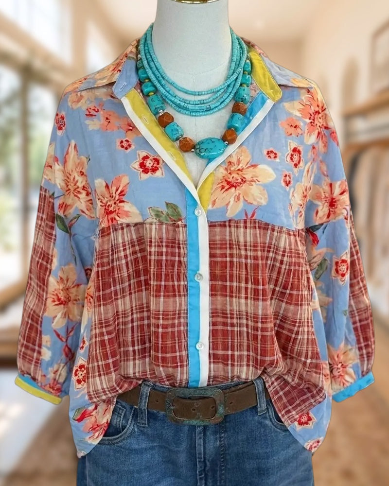 Floral Plaid Patchwork 3/4 Sleeve Blouse