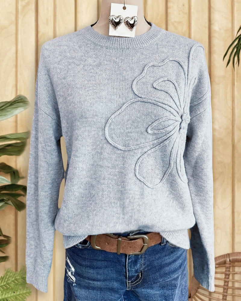 Floral Design Unusual Round Neck Drop-Shoulder Sweater