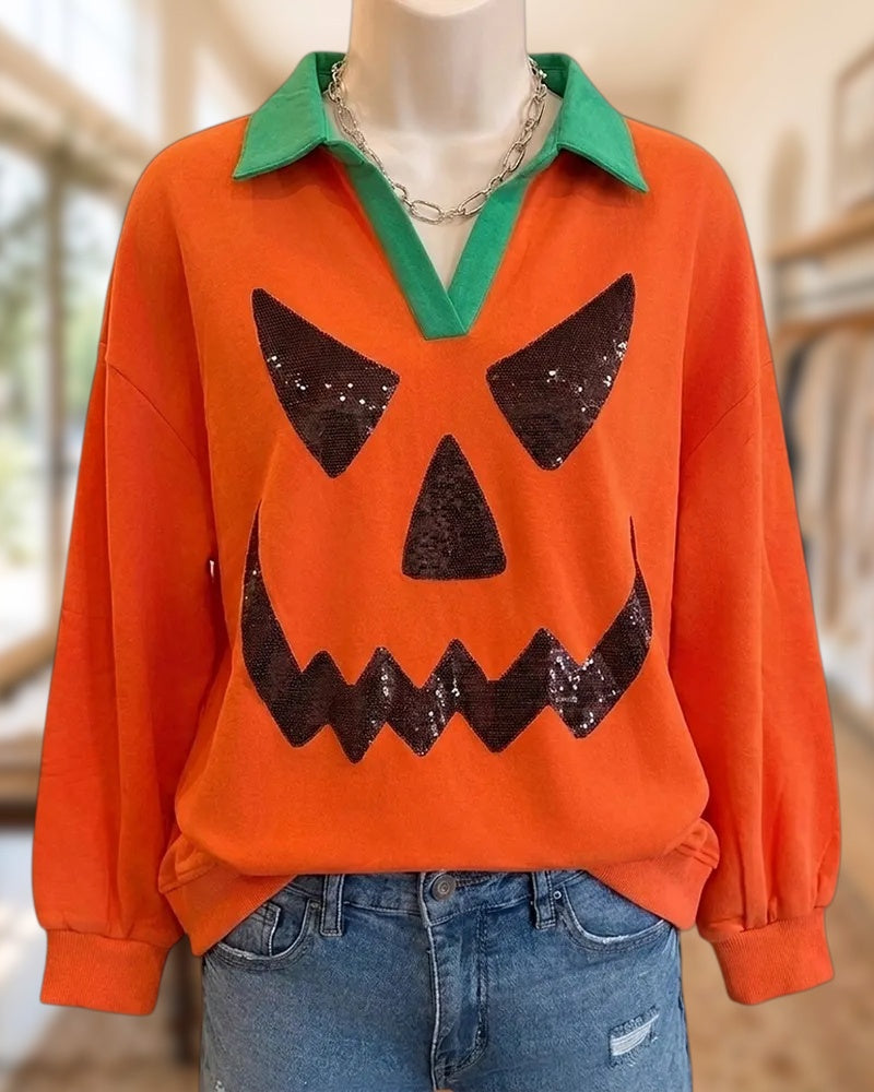 Halloween Pumpkin Face Contrast Collared Playful Sweatshirt