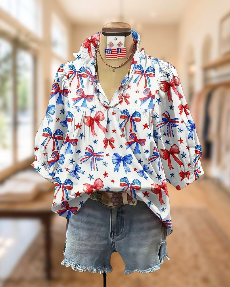 National Flag-Inspired Bowknot Print V Neck Festive Blouse
