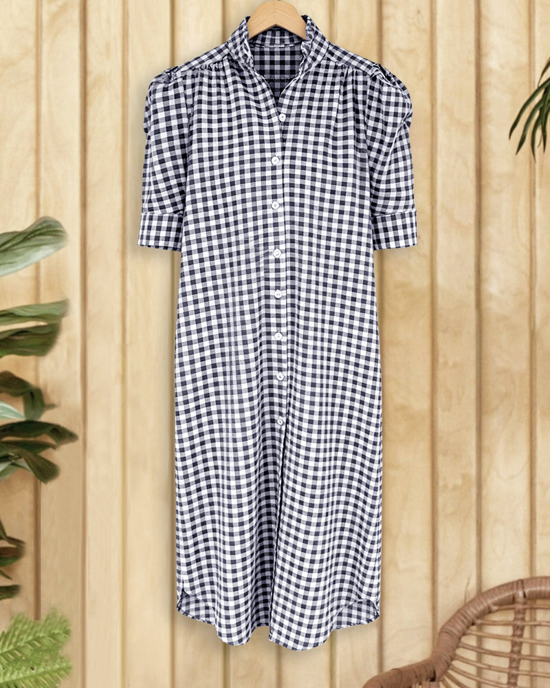 Gingham Feminine Single Breasted Midi Dress