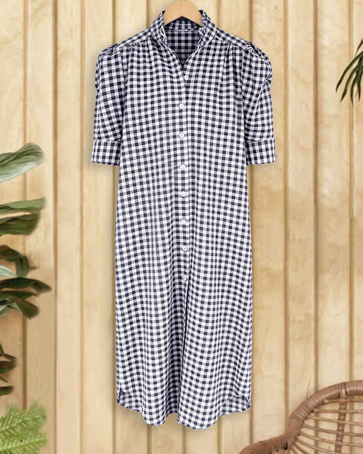 Gingham Feminine Single Breasted Midi Dress