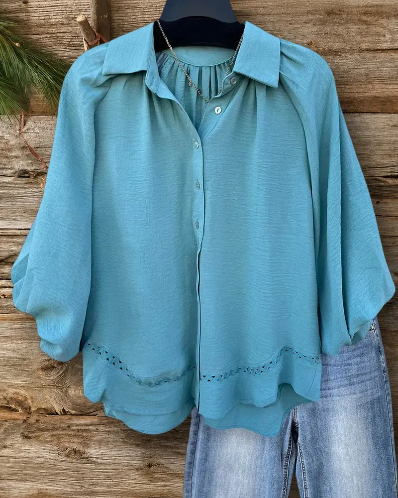 Collared Button Front Lantern Sleeve Ricrac Insert Blouse