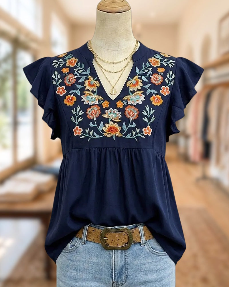 Floral Embroidery Ruffle Sleeve V Neck Flowy Blouse