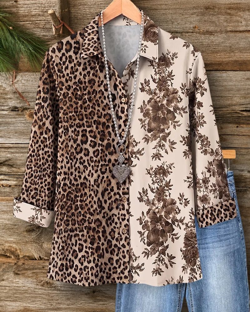 Leopard Floral Contrast Button Front Collared Long Sleeve Shirt