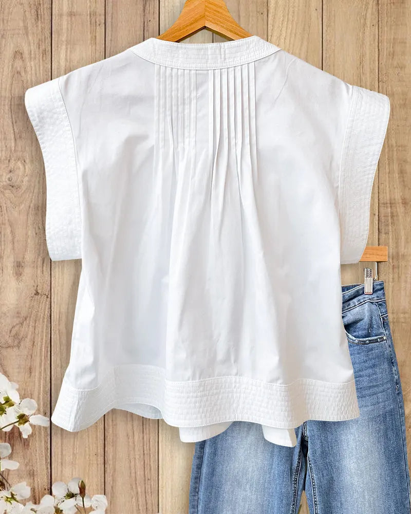 V Neck Pintuck Pleat Cap Sleeve Button Front Blouse
