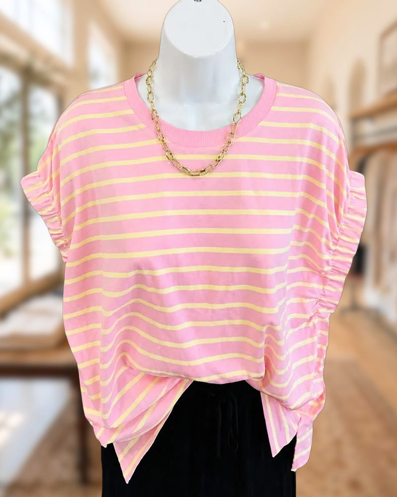 Ruffle Sleeve Striped Crew Neck Loose Side Slit Casual T-shirt