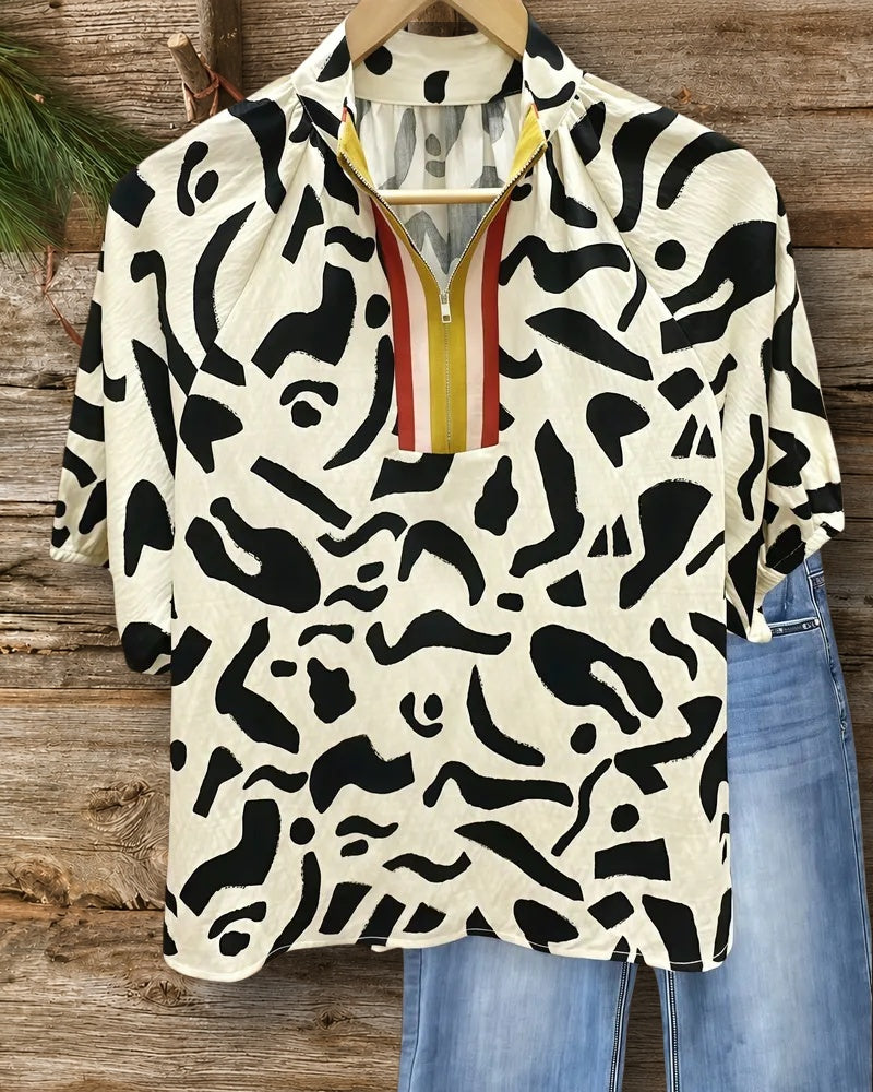 Abstract Print Zipped Design Commuting Blouse
