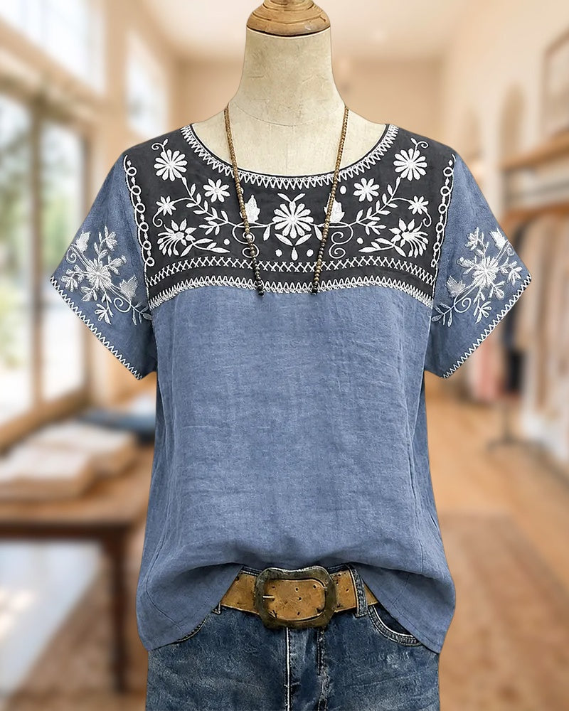 Floral Embroidered Contrast Panel Short Sleeve Casual Blouse