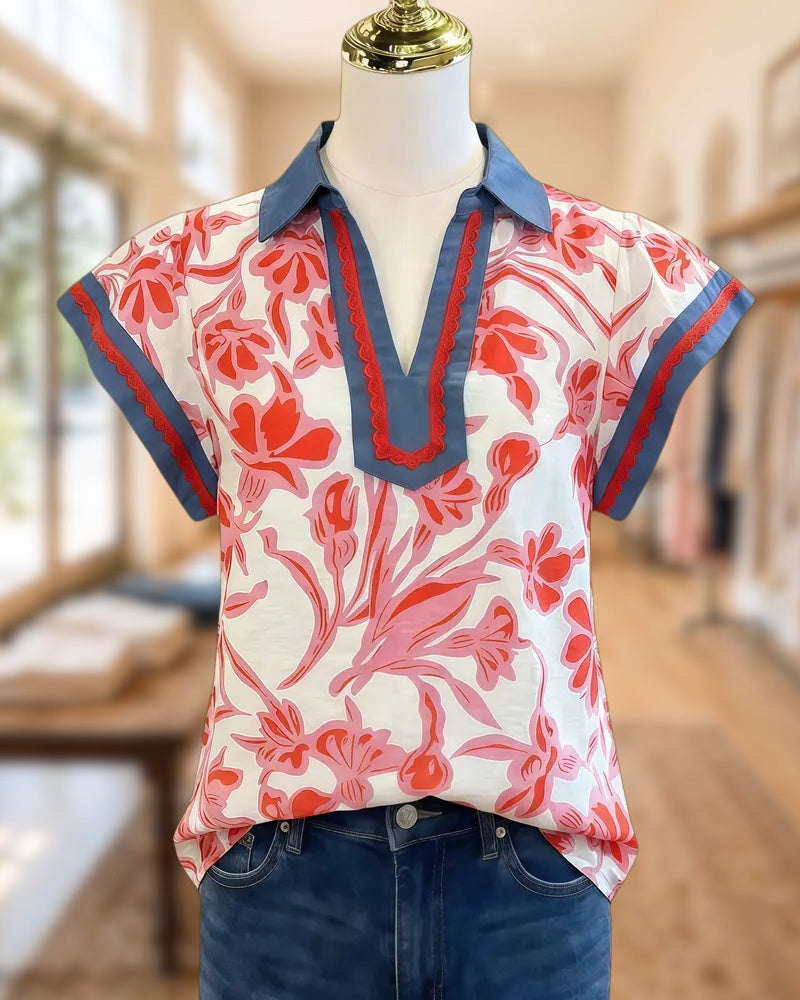 Floral Print Feminine Flutter Sleeve Scalloped Trim Blouse
