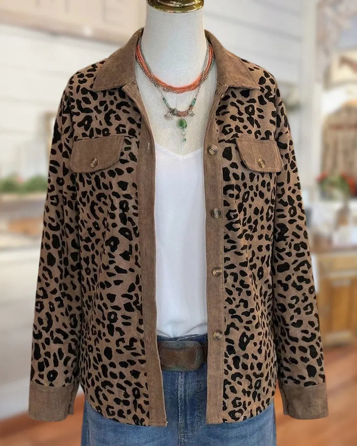 Leopard Print Corduroy Button Down Chest Pocket Casual Jacket