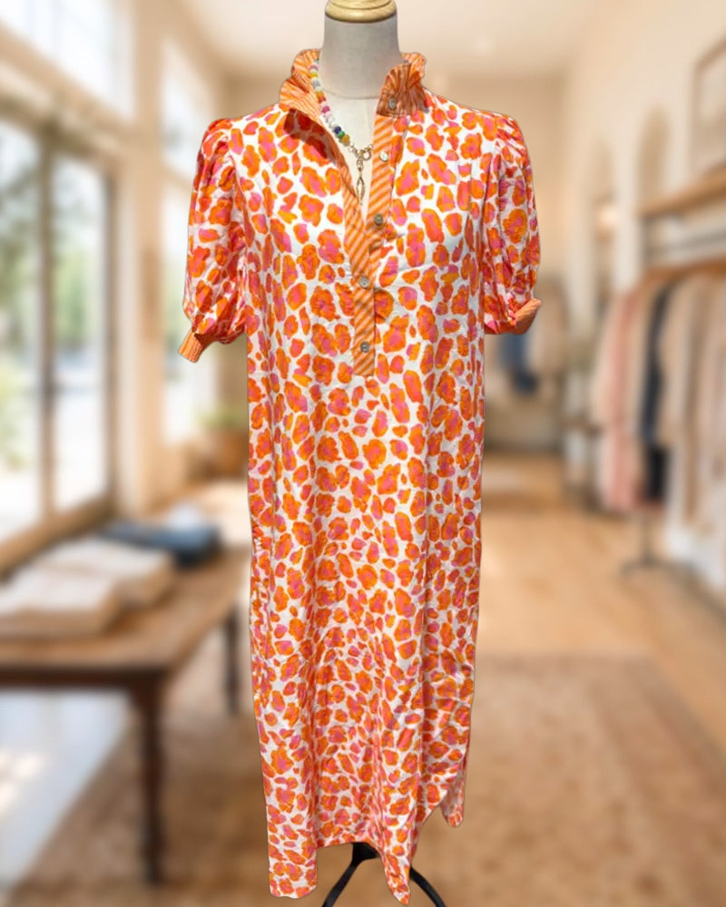 Puff Sleeve Leopard Print Button Placket Striped Trim Maxi Dress