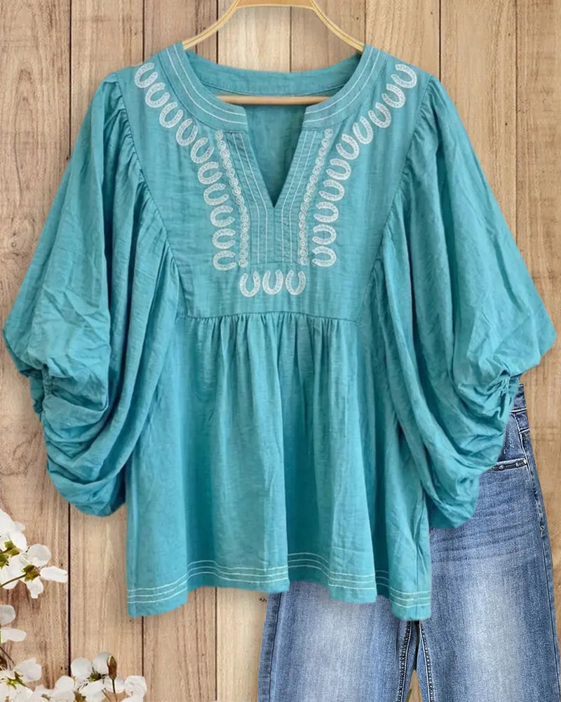 Embroidered V Neck Puff Sleeve Gathered Casual Loose Blouse