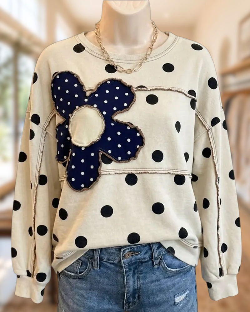 Polka Dot Flower Applique Crew Neck Casual Drop Shoulder Sweatshirt