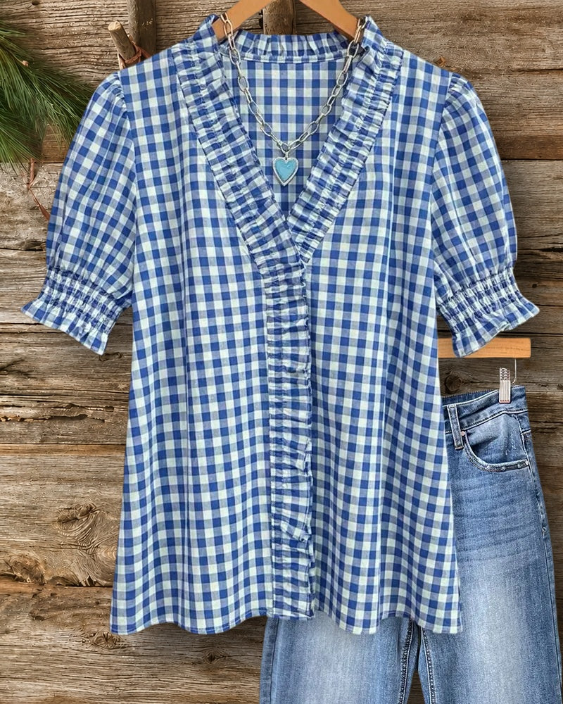 Ruffled Trim V Neck Puff Sleeve Plaid Casual Blouse
