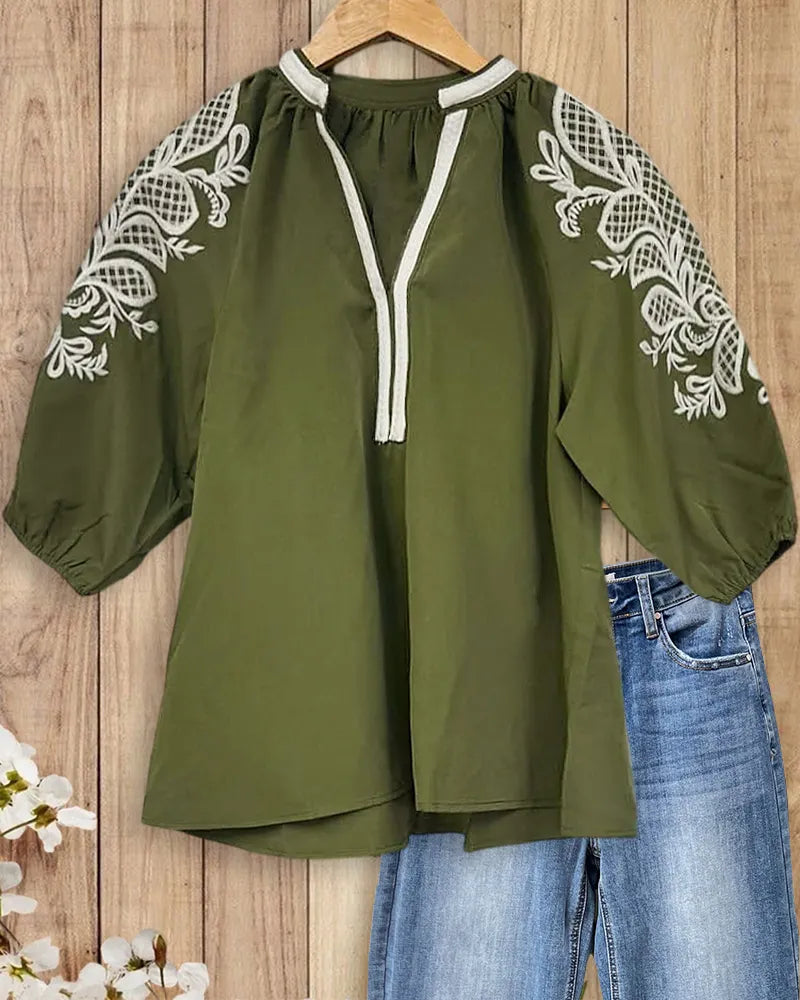 Floral Embroidered Puff Sleeve V Neck Casual Blouse